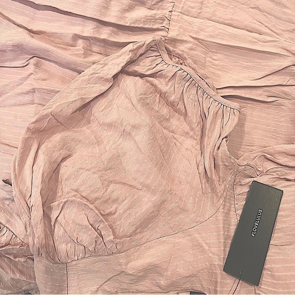 New-lulu's Happy Tiers Blush Striped Puff Sleeves Lightweight Midi Dress Size MD - Picture 9 of 11